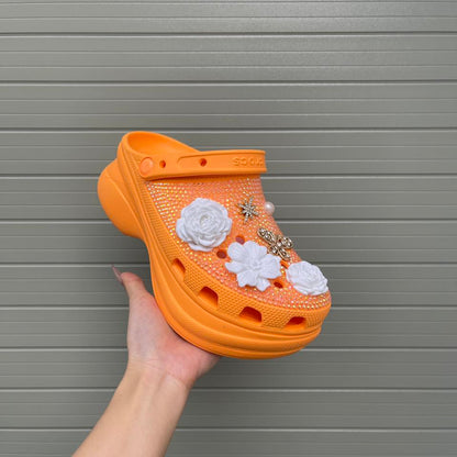 Women’s Bling & Flower Charm Thick-Soled Clogs