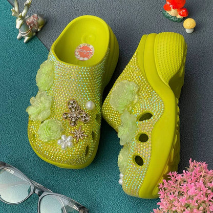 Women's Simple and Lightweight Bauhinia Flower Patterned Green Clogs