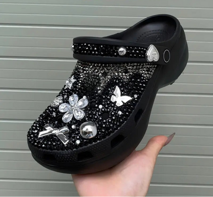 Women's Elegant Crystal-Embellished Clogs with Bow & Butterfly Charms
