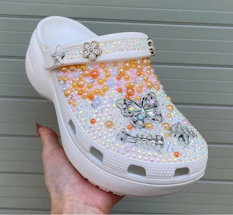 Women's Elegant Crystal-Embellished Clogs with Bow & Butterfly Charms