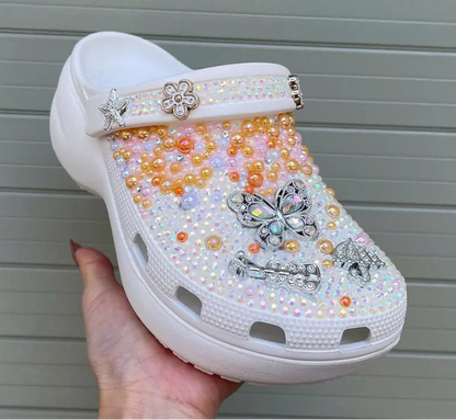 Women's Elegant Crystal-Embellished Clogs with Bow & Butterfly Charms