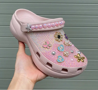 Women's Elegant Crystal-Embellished Clogs with Bow & Butterfly Charms