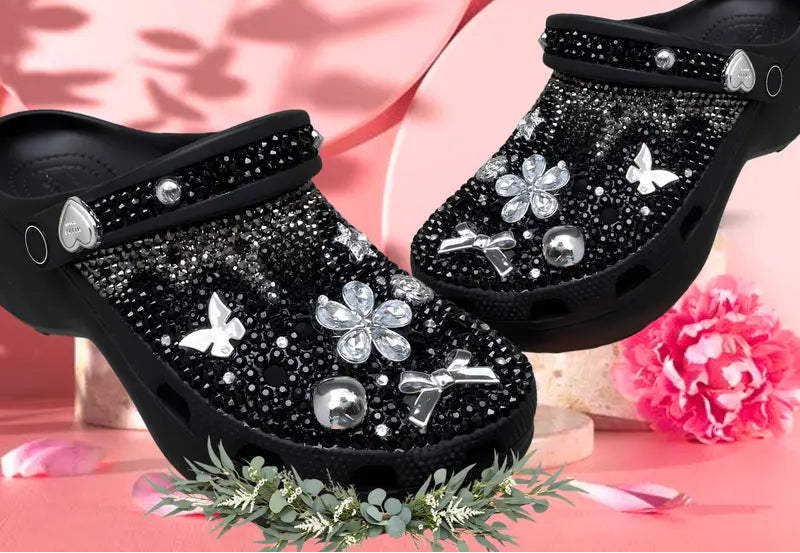 Women's Elegant Crystal-Embellished Clogs with Bow & Butterfly Charms