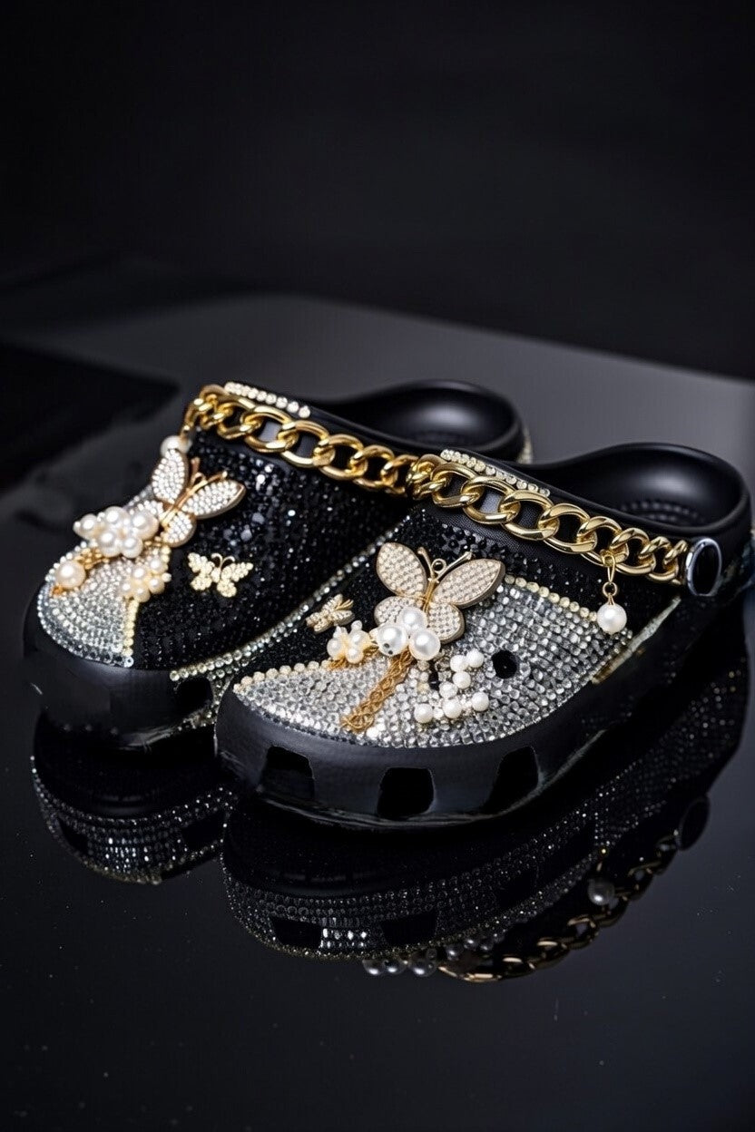 Women’s Bling & Charm Butterfly Black Clogs