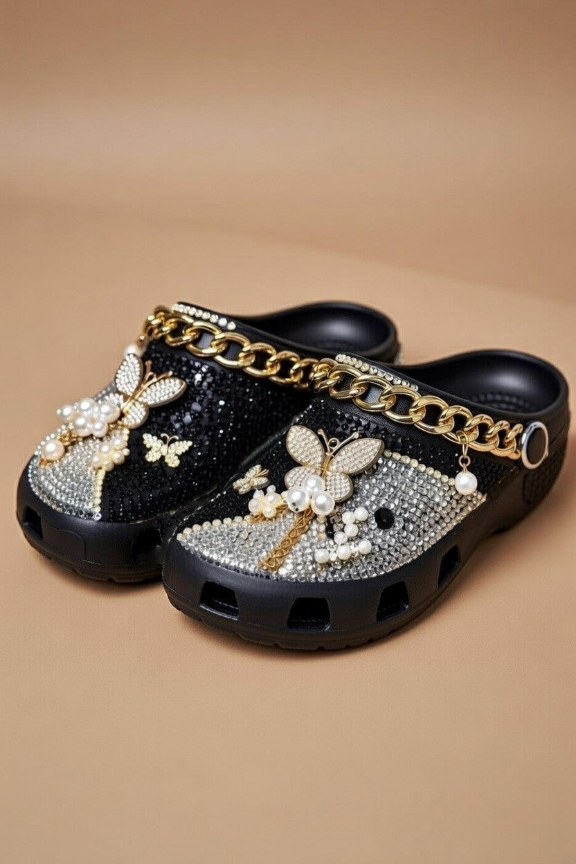 Women’s Bling & Charm Butterfly Black Clogs