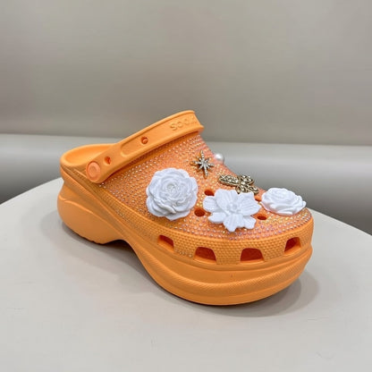 Women’s Bling & Flower Charm Thick-Soled Clogs