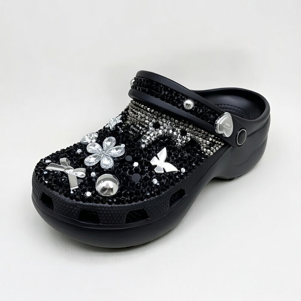 Women's Elegant Crystal-Embellished Clogs with Bow & Butterfly Charms