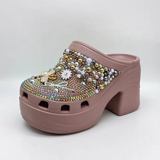 Women’s Bling Platform Clogs with Pearl & Bow Charms