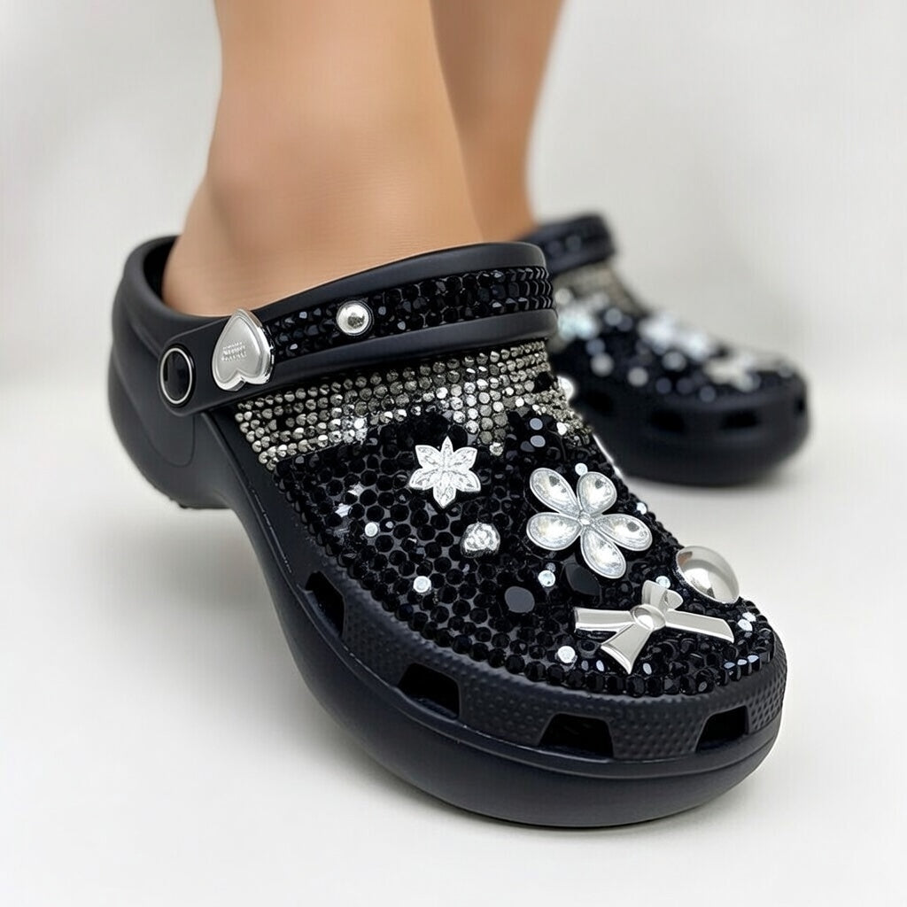 Women's Elegant Crystal-Embellished Clogs with Bow & Butterfly Charms