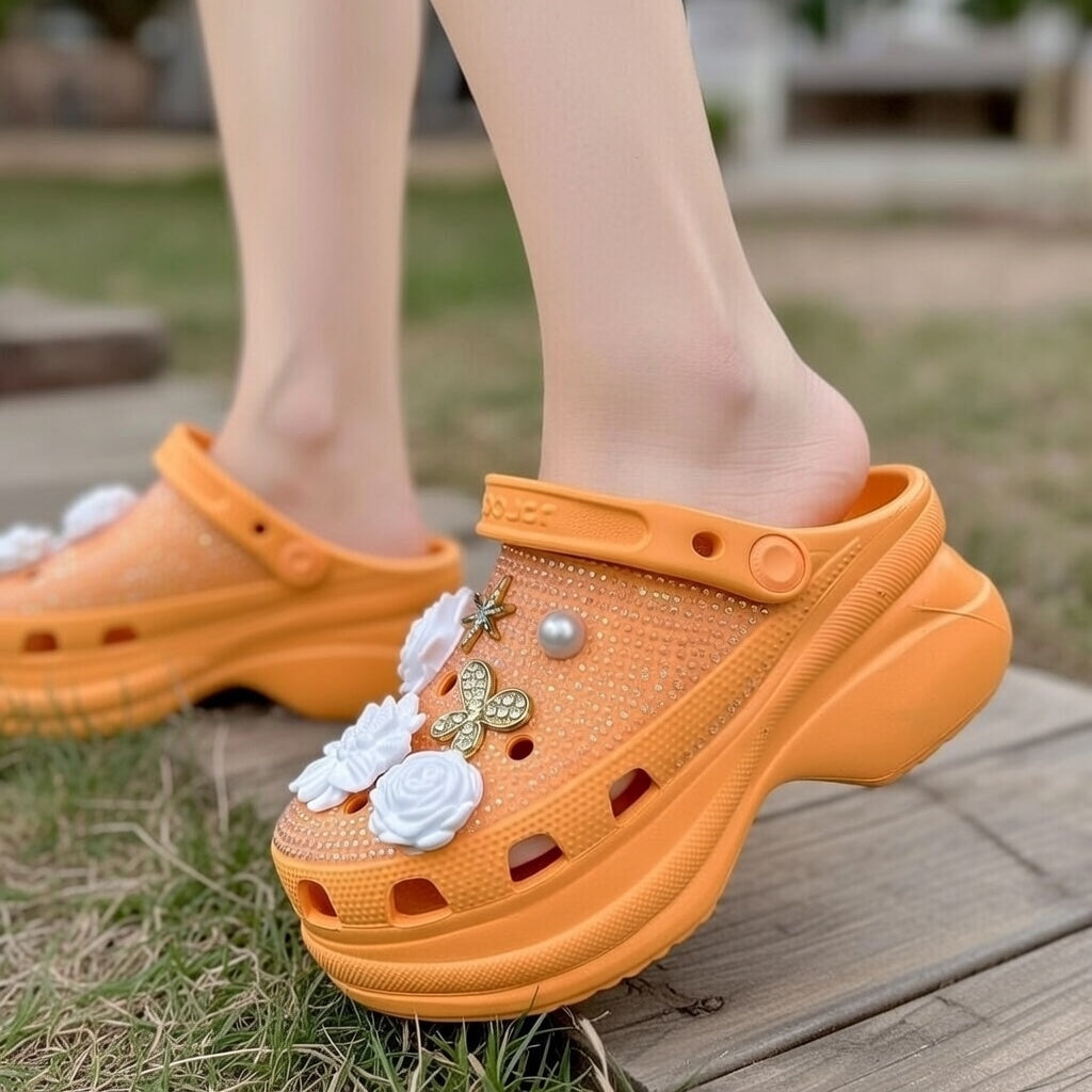 Women’s Bling & Flower Charm Thick-Soled Clogs